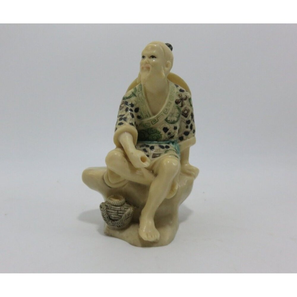 Vintage Asian Chinese Mudman Fisherman Figurine Handcrafted Resin Statue